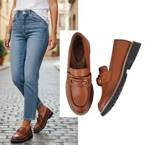 New Eurosoft sofft Lola luggage loafers slip on block heel cognac grandma preppy